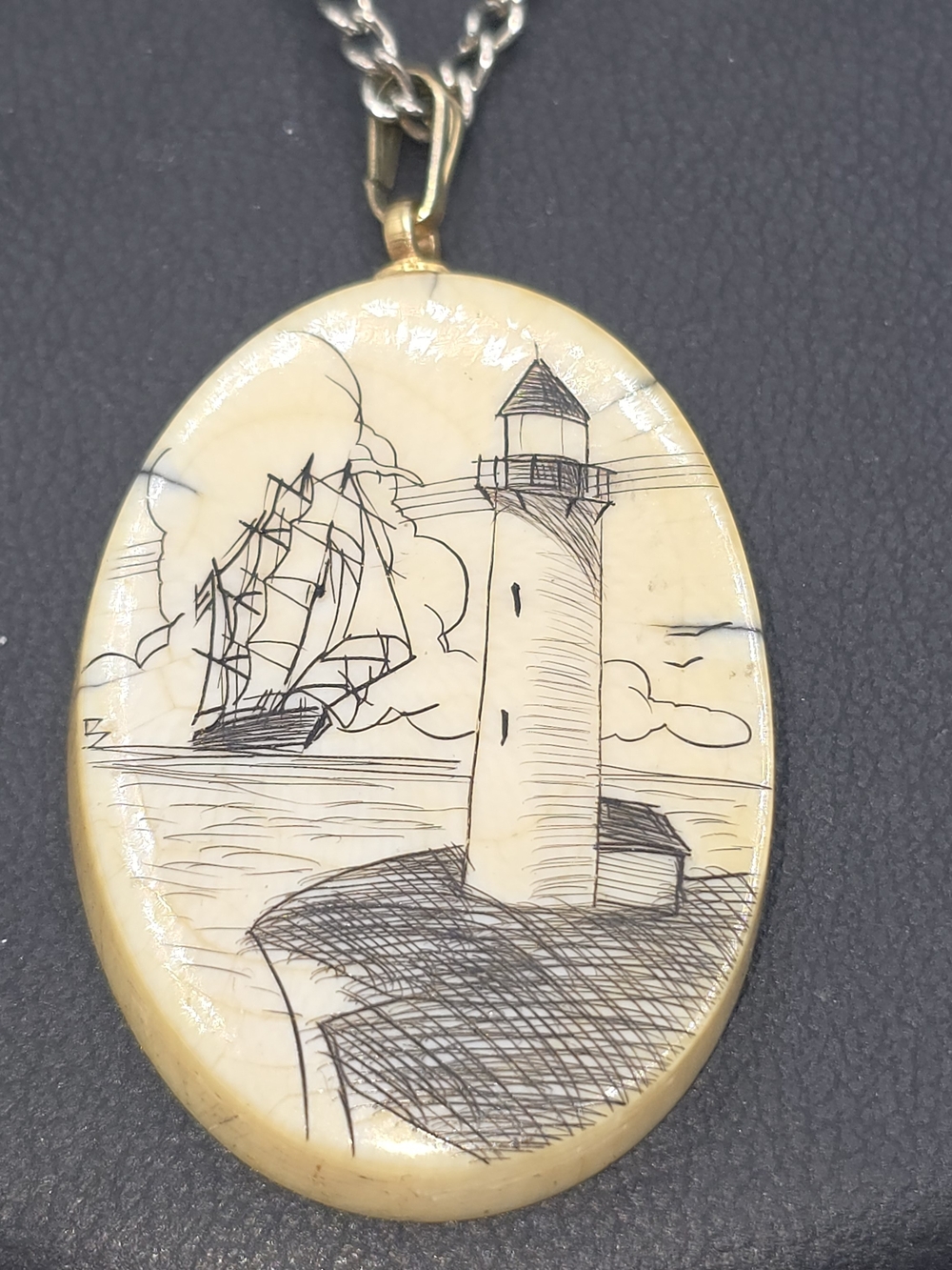 VTG Hand Scrimshawed Lighthouse & Ship Pendant Bovine Bone w/Necklace Signed